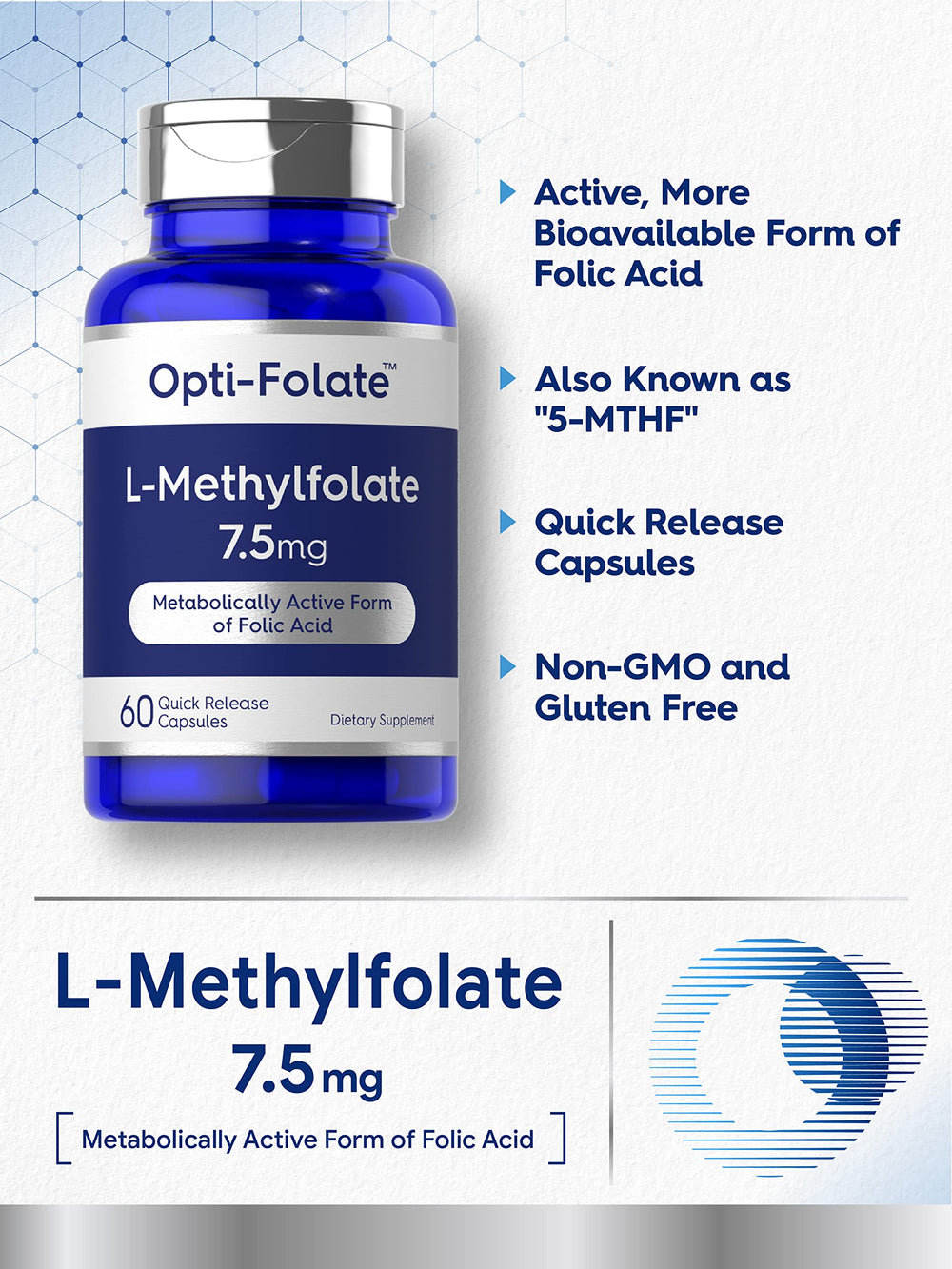 Carlyle L-Methylfolate label detail highlighting gluten-free and non-GMO features