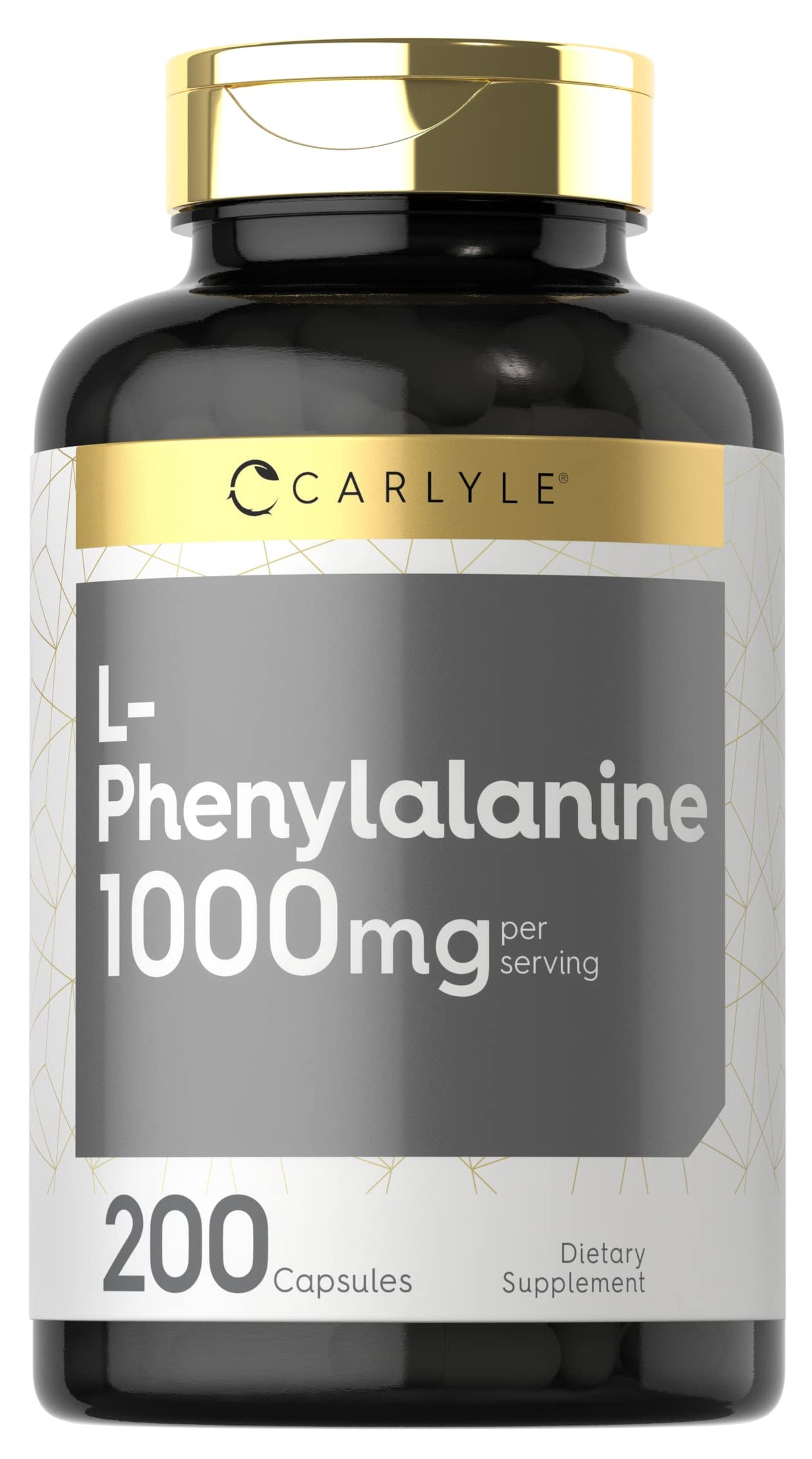 Carlyle L-Phenylalanine bottle shows 1000mg capsules for daily amino acid intake.