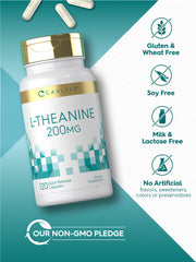 Carlyle L-Theanine 200mg ingredients label emphasizes non-GMO and gluten-free formula