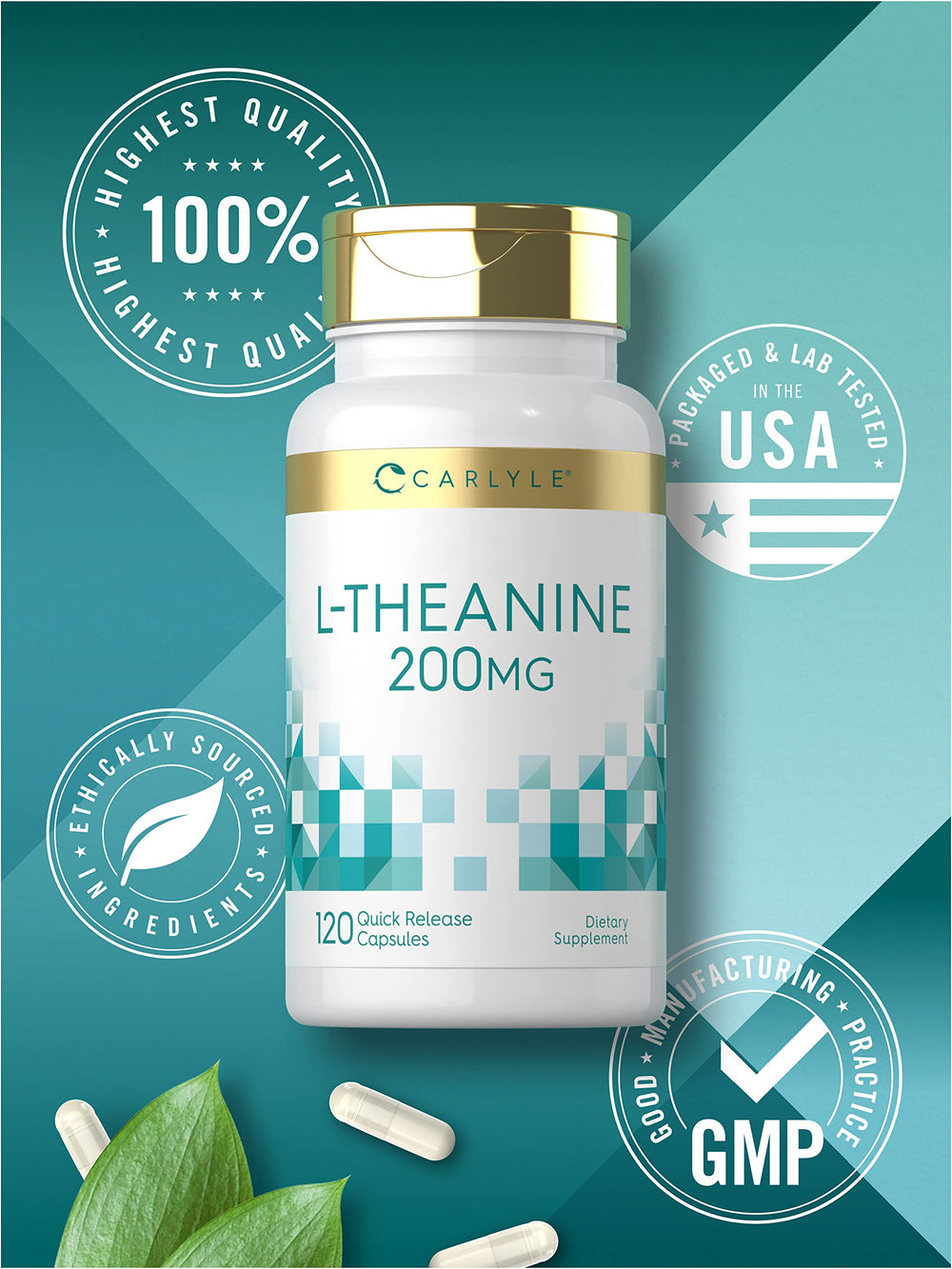 Carlyle L-Theanine 200mg packaging highlights gluten-free and allergen-free features