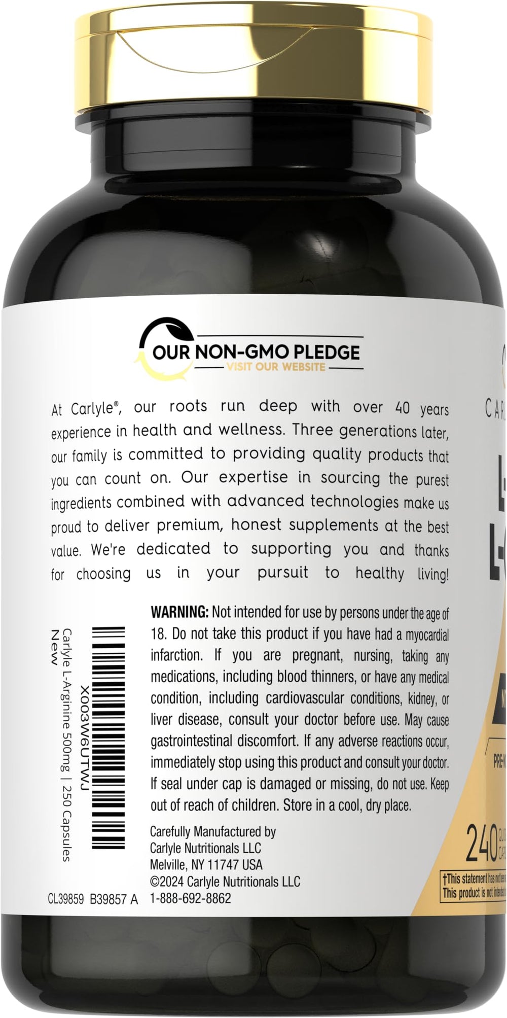 Carlyle label close-up highlighting gluten-free and non-GMO formula.