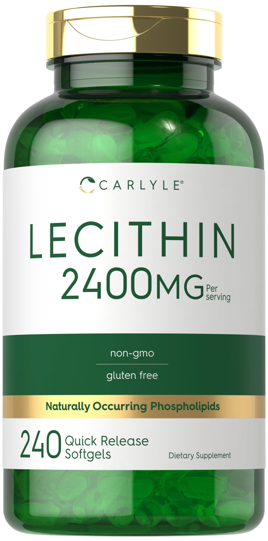 Carlyle Lecithin softgels bottle close-up showing 2400 mg per serving.