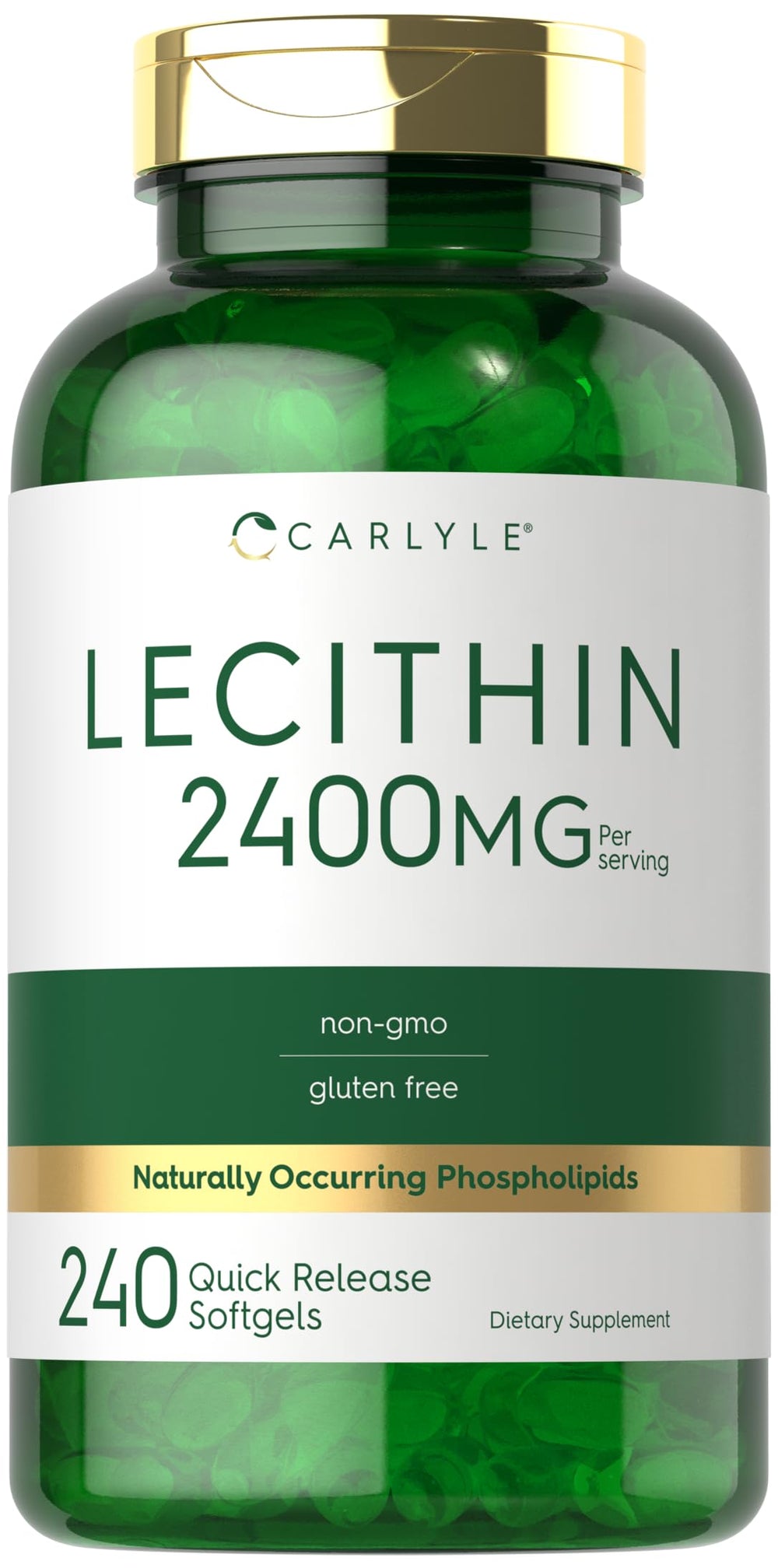 Carlyle Lecithin softgels bottle close-up showing 2400 mg per serving.