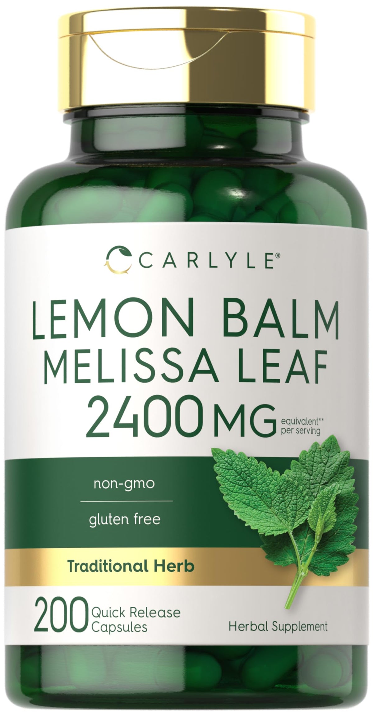 Carlyle Lemon Balm capsules in a 200-count bottle for convenient daily use.