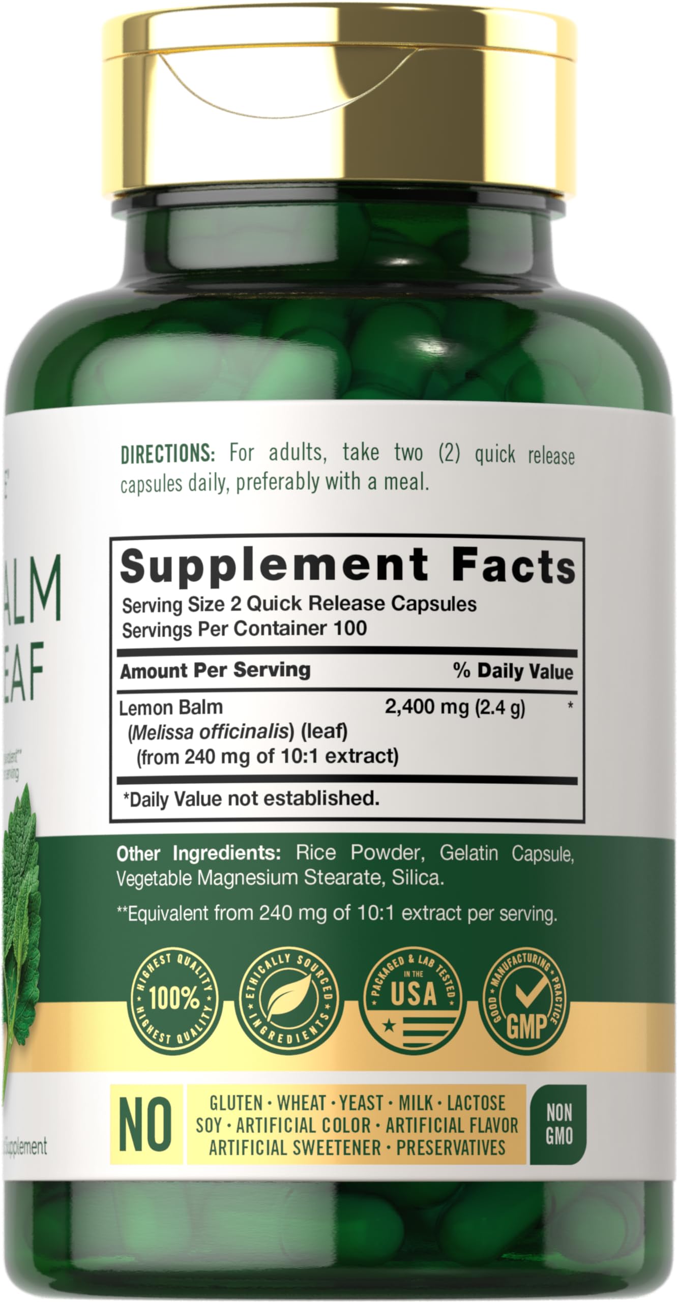 Closeup of Carlyle Lemon Balm capsules showing high-potency formula.