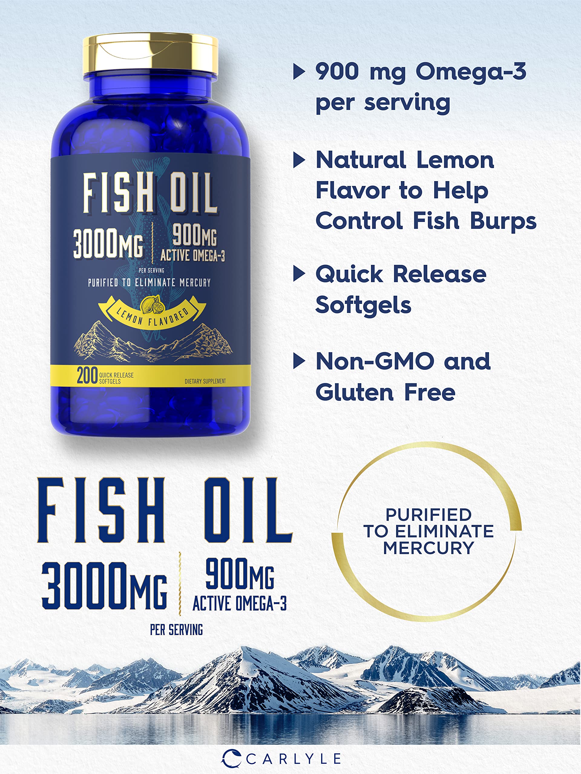 Lemon-flavored Carlyle Fish Oil softgels for a refreshing daily boost.