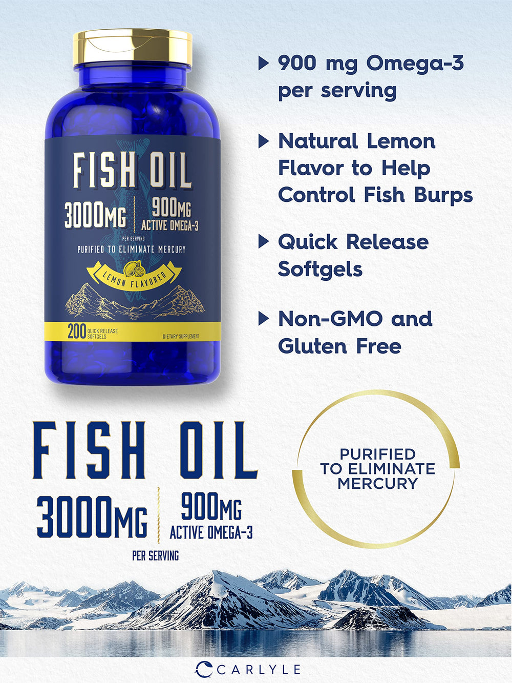 Lemon-flavored Carlyle Fish Oil softgels for a refreshing daily boost.