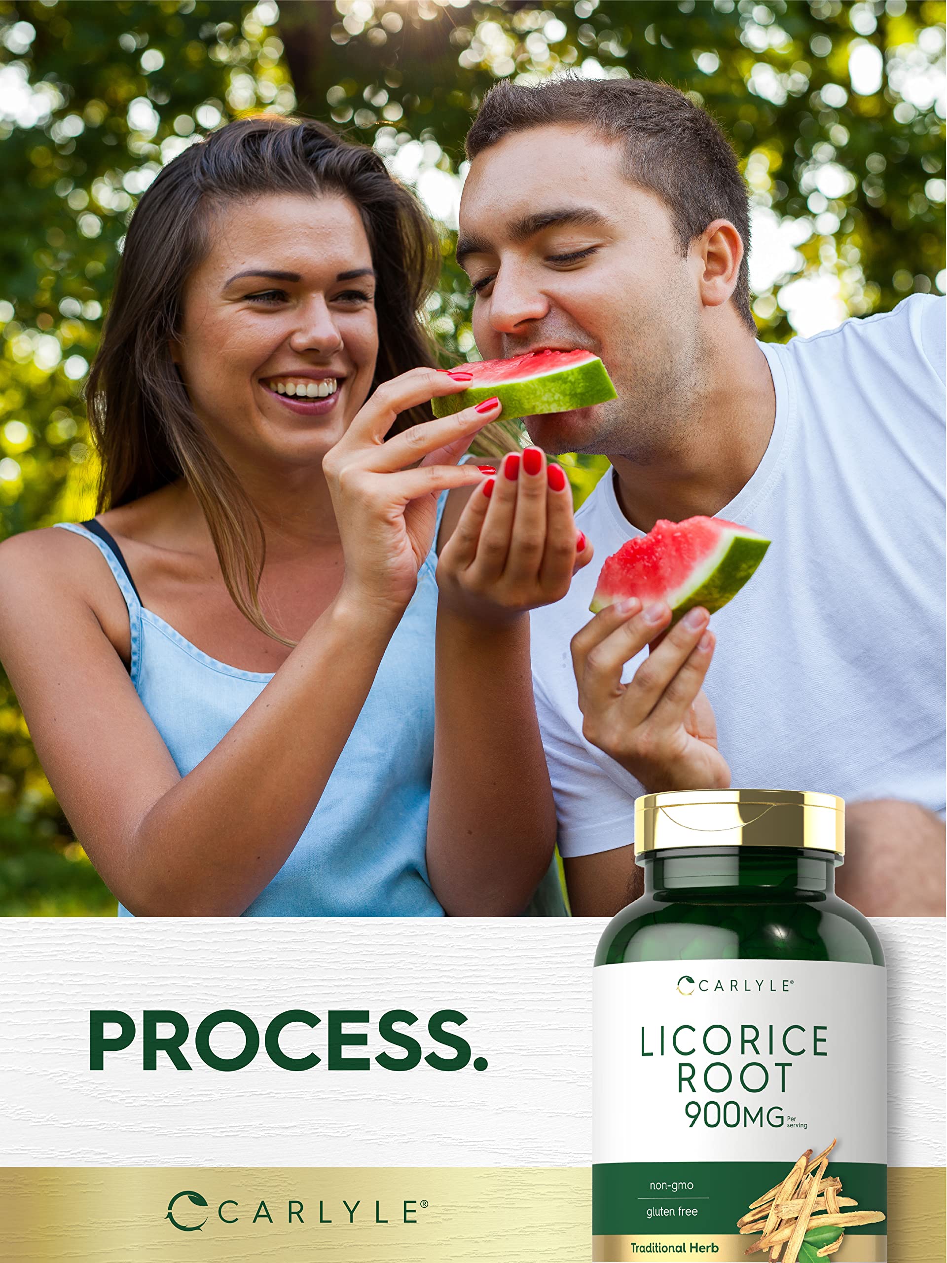 Carlyle licorice root capsules beside a glass of water, convenient daily use.