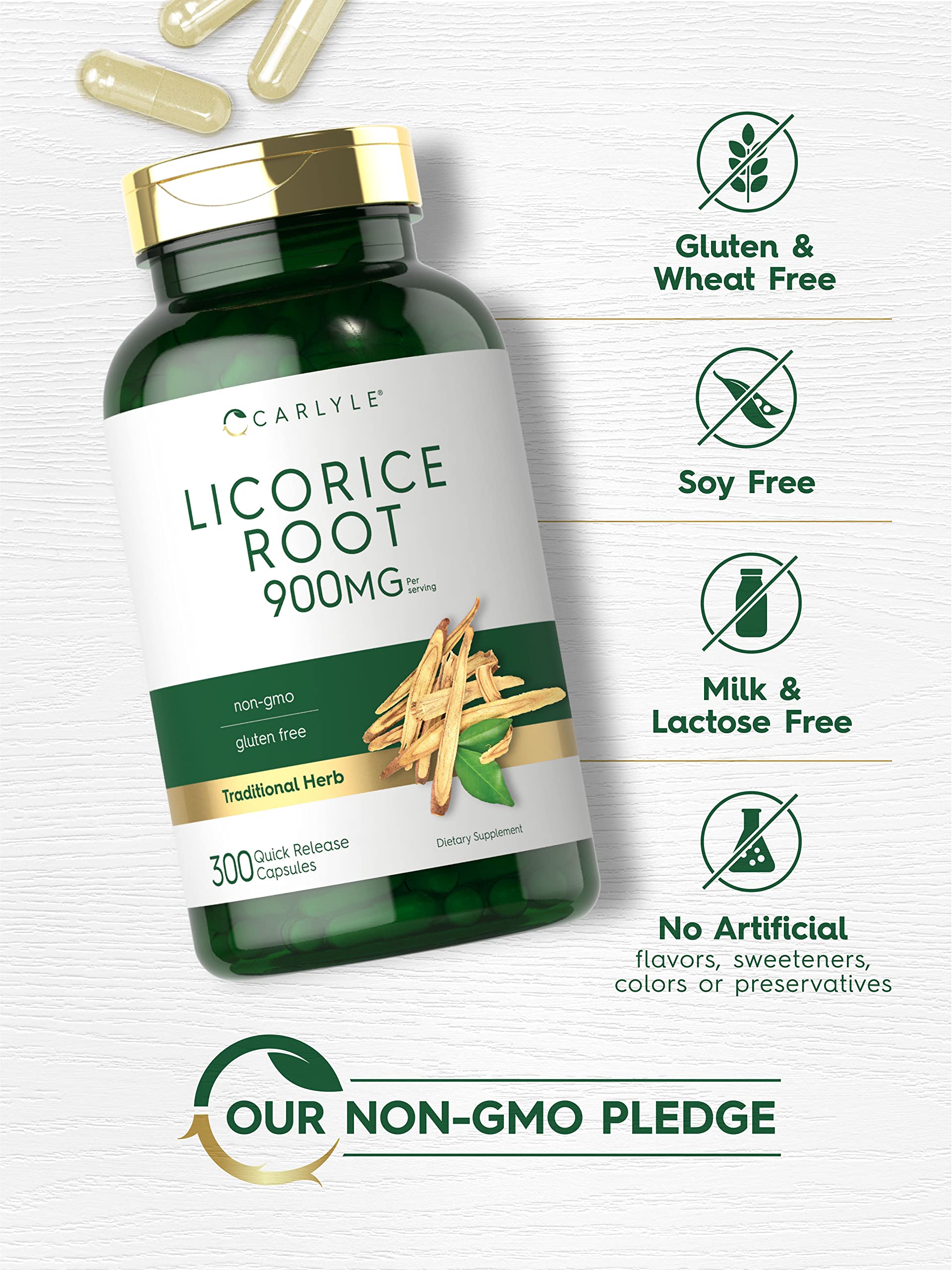 Carlyle licorice root capsules spilling from the bottle showing easy dosing.