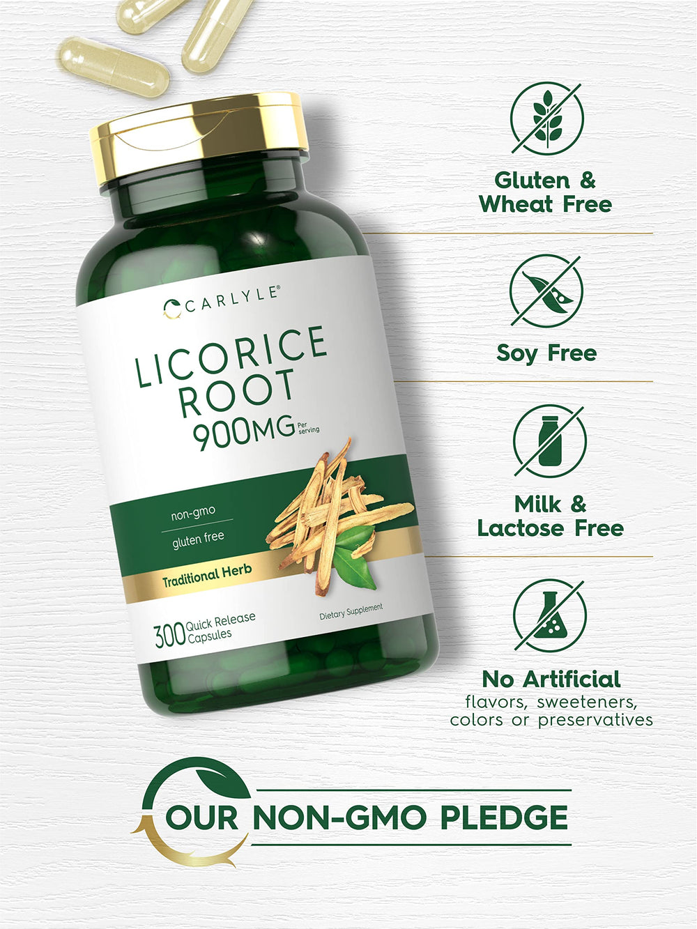 Carlyle licorice root capsules spilling from the bottle showing easy dosing.