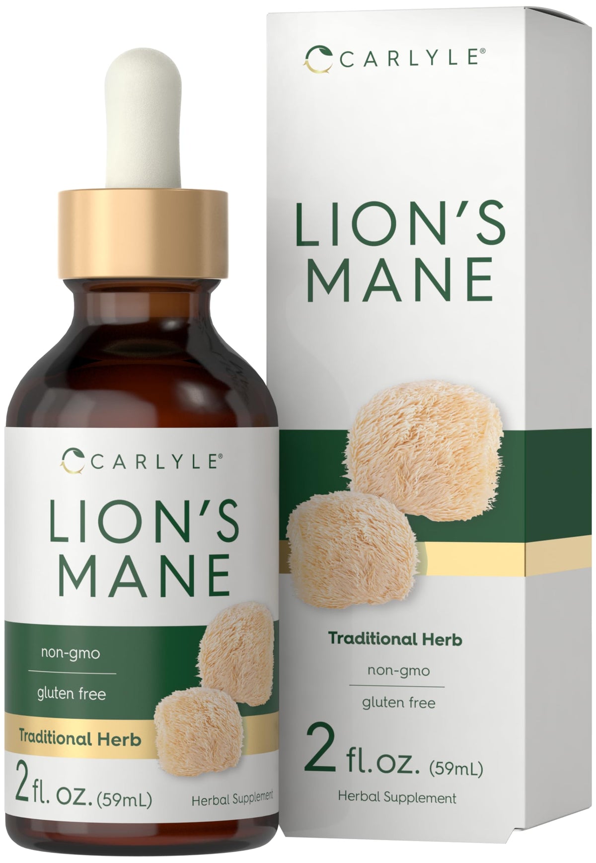 Carlyle Lions Mane liquid extract bottle showing daily vegetarian supplement.