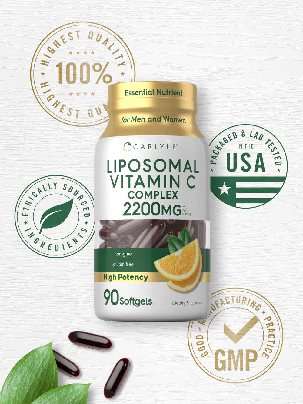 Carlyle Liposomal Vitamin C bottle highlighting gluten-free and non-GMO claims