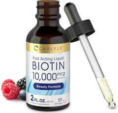 Carlyle Liquid Biotin bottle shows 10000mcg strength for daily beauty support.
