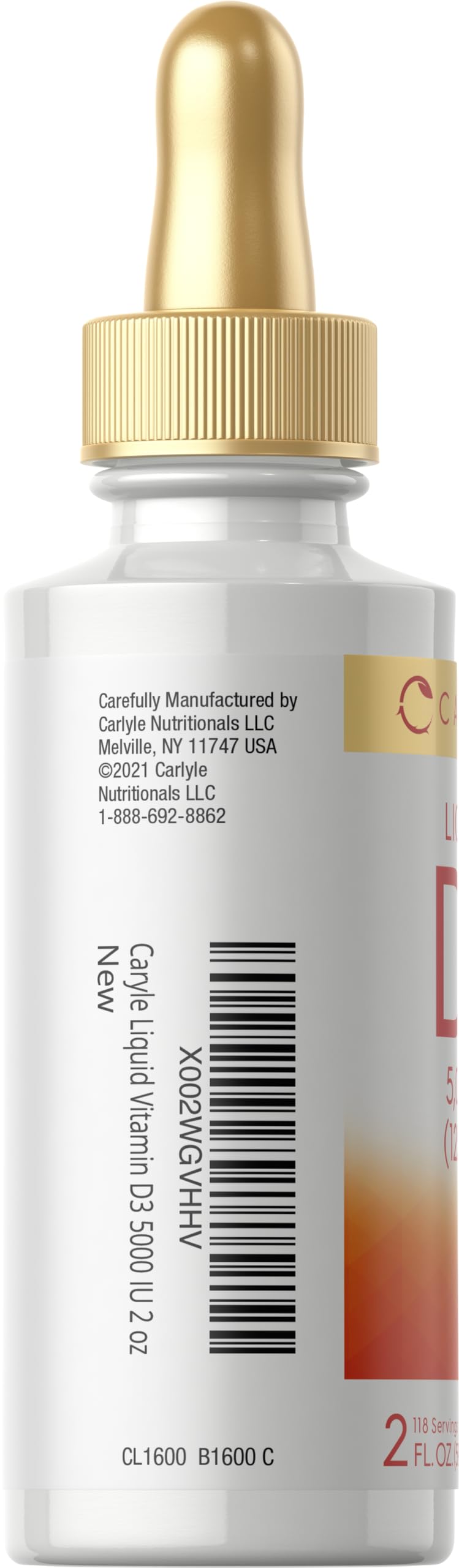Carlyle Liquid D3 label closeup showing 5000 IU per serving.