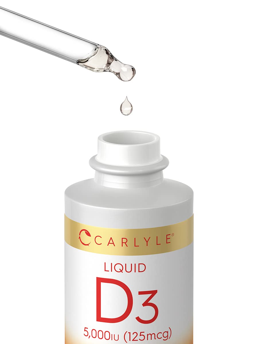 Carlyle Liquid D3 open bottle with drops ready for daily use.