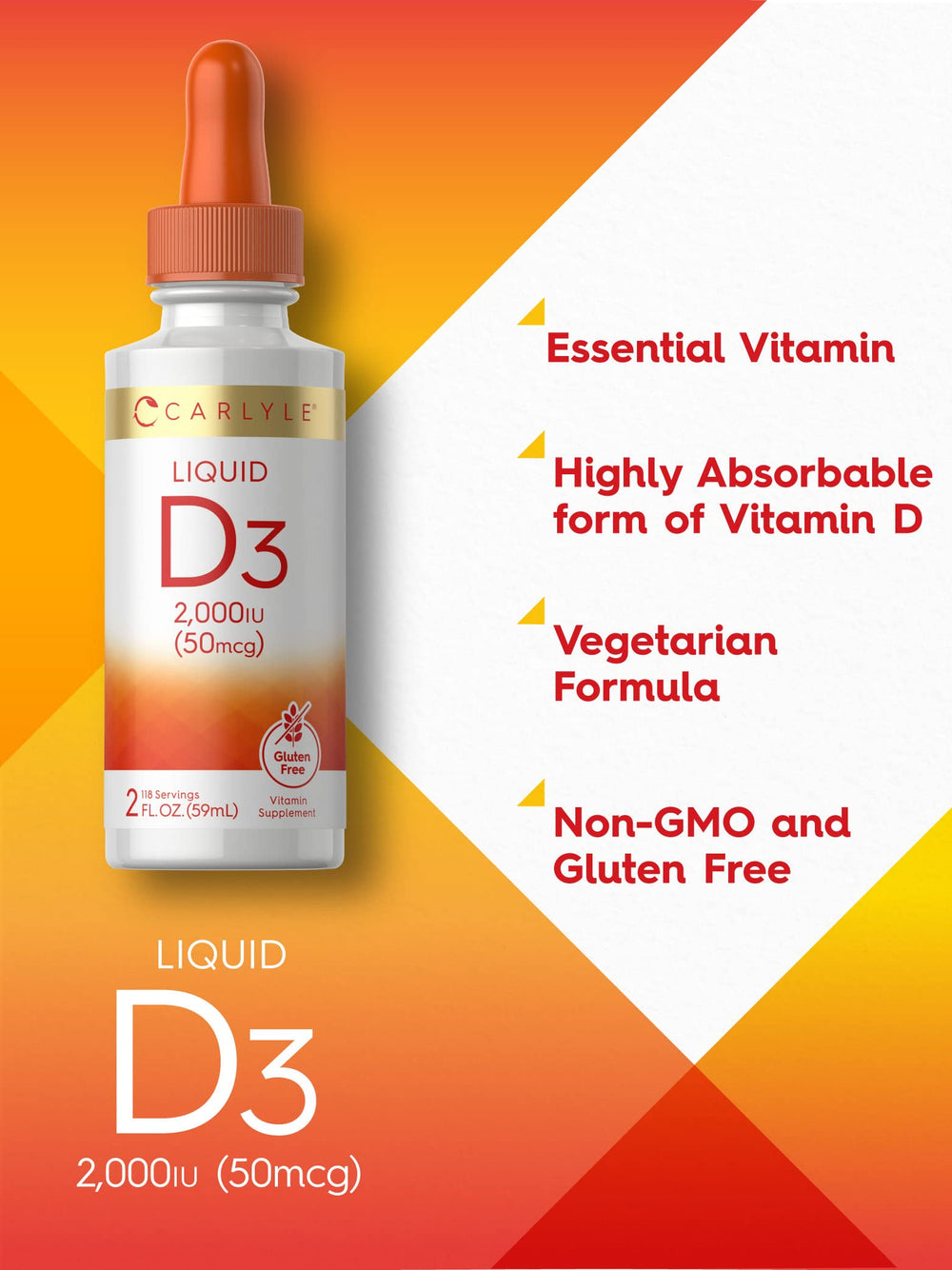 Carlyle Vitamin D3 label highlights gluten-free and non-GMO.
