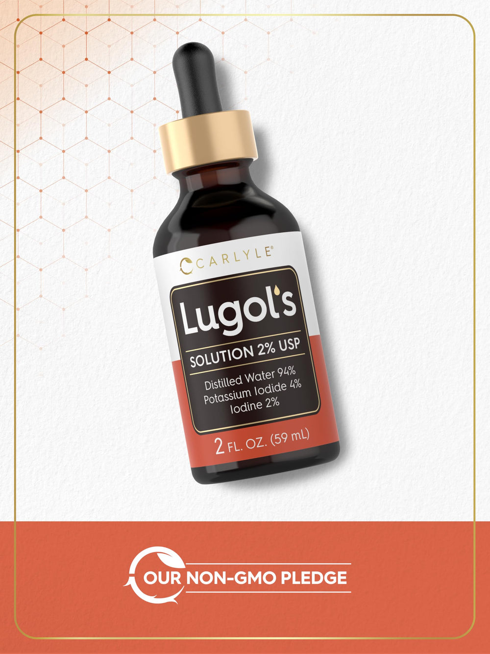 Carlyle Lugols Iodine clear solution inside a glass bottle for visibility