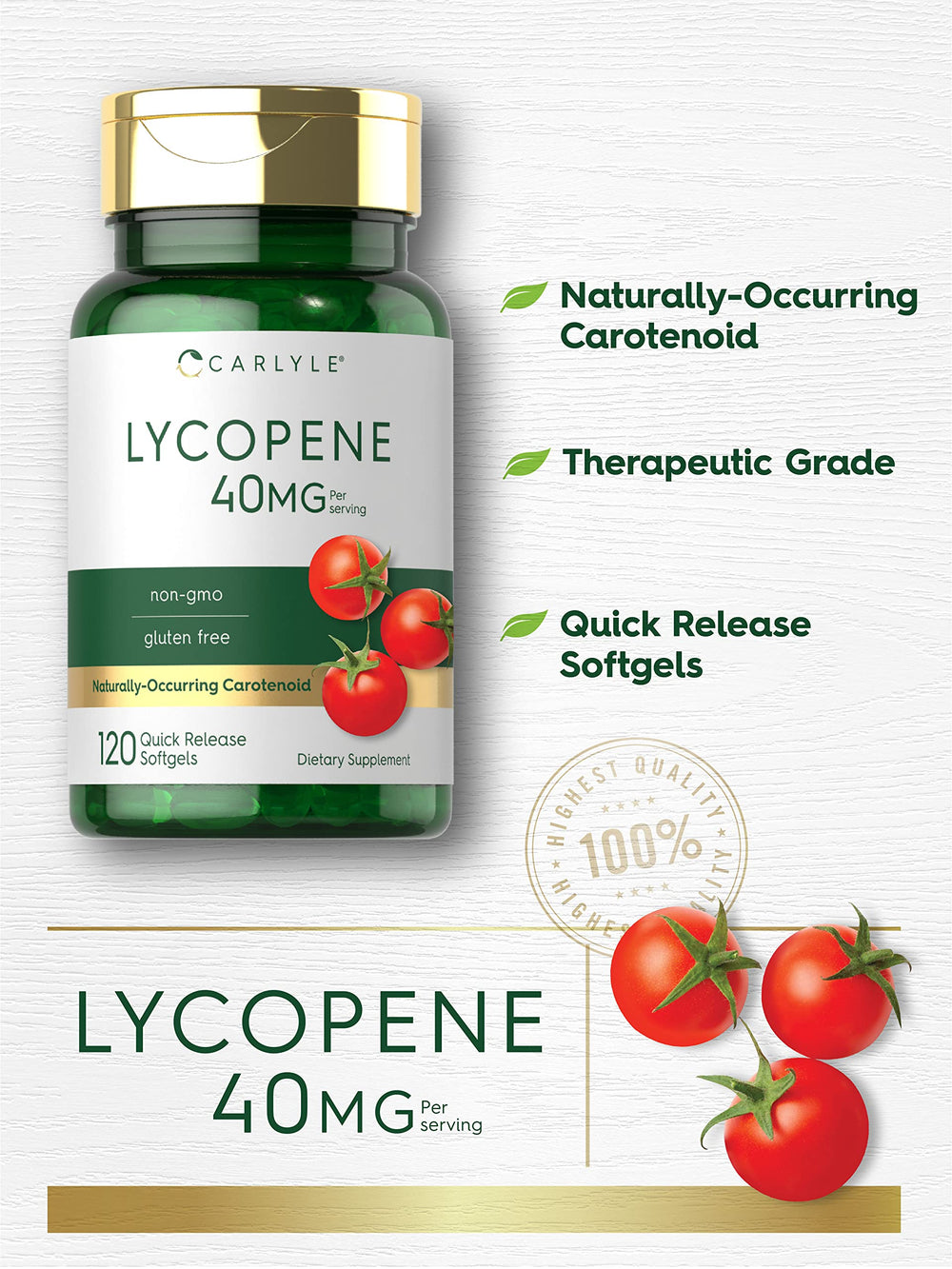 Carlyle Lycopene packaging front displaying gluten-free and non-GMO features.