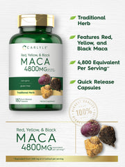 Carlyle Maca root label detail, highlighting non-GMO and gluten-free formulation.