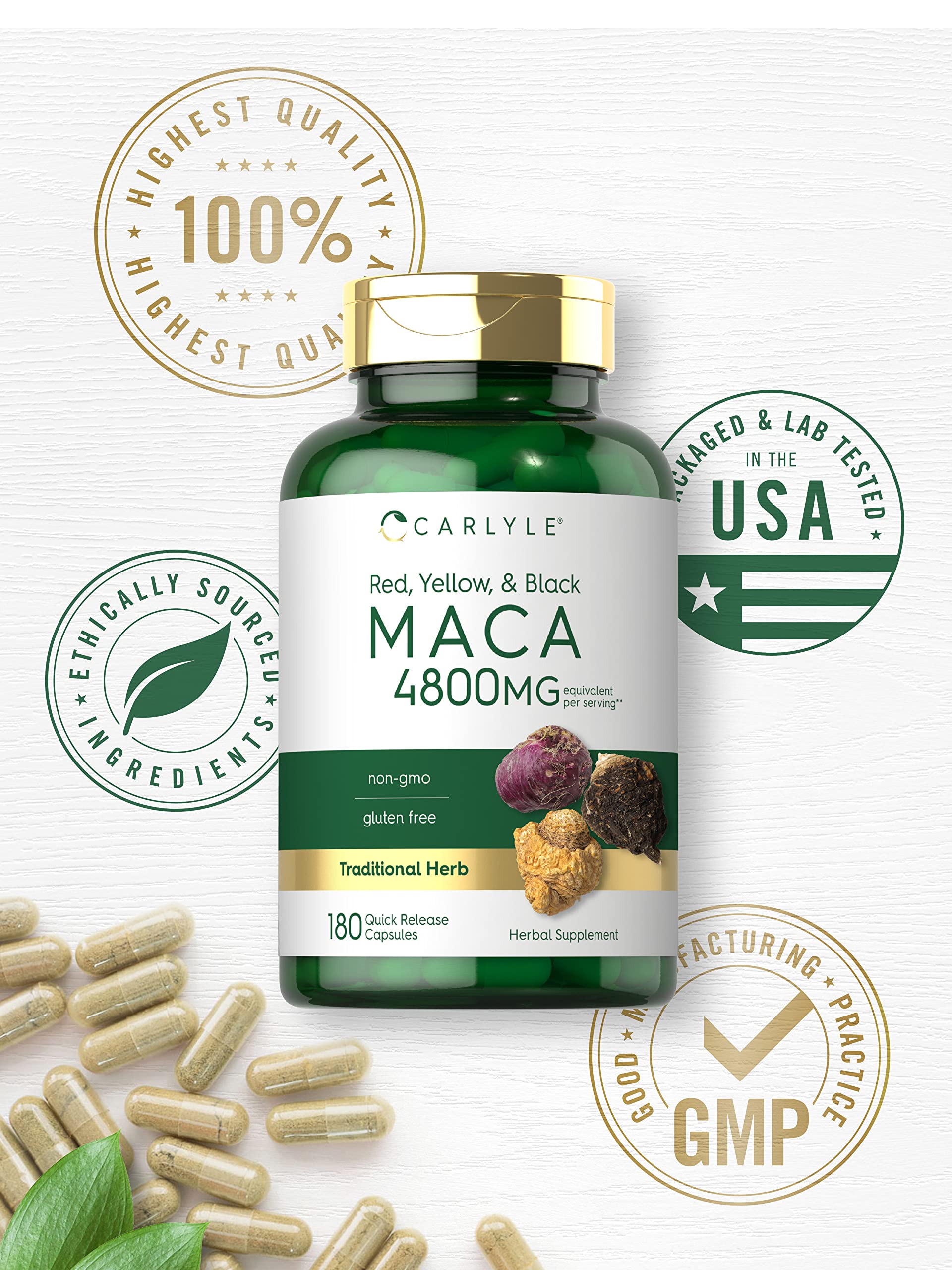 Carlyle Maca root product layout on shelf, suggesting premium wellness choice.