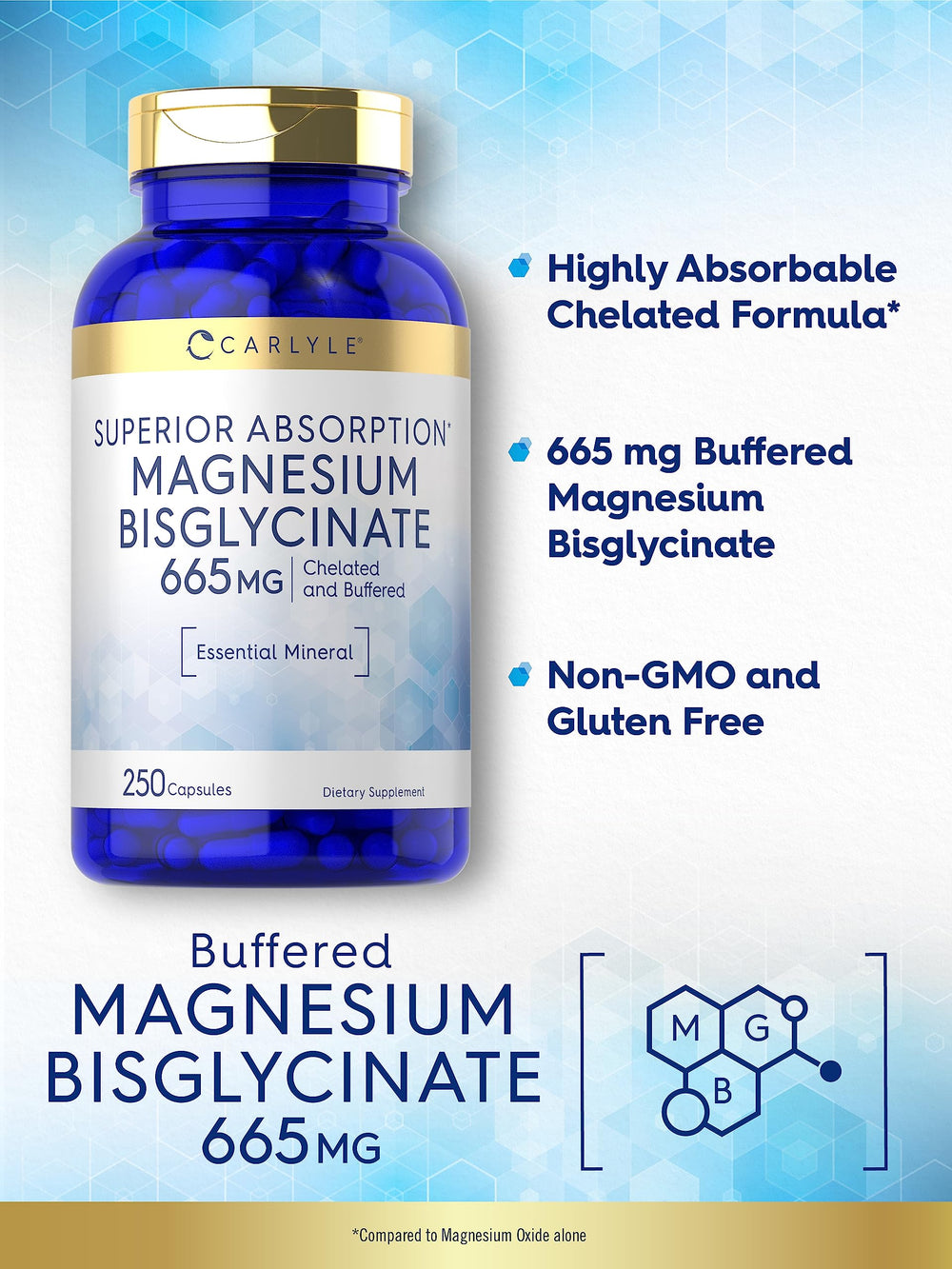 Carlyle Magnesium Bisglycinate label shows purity and gluten-free, non-GMO quality.