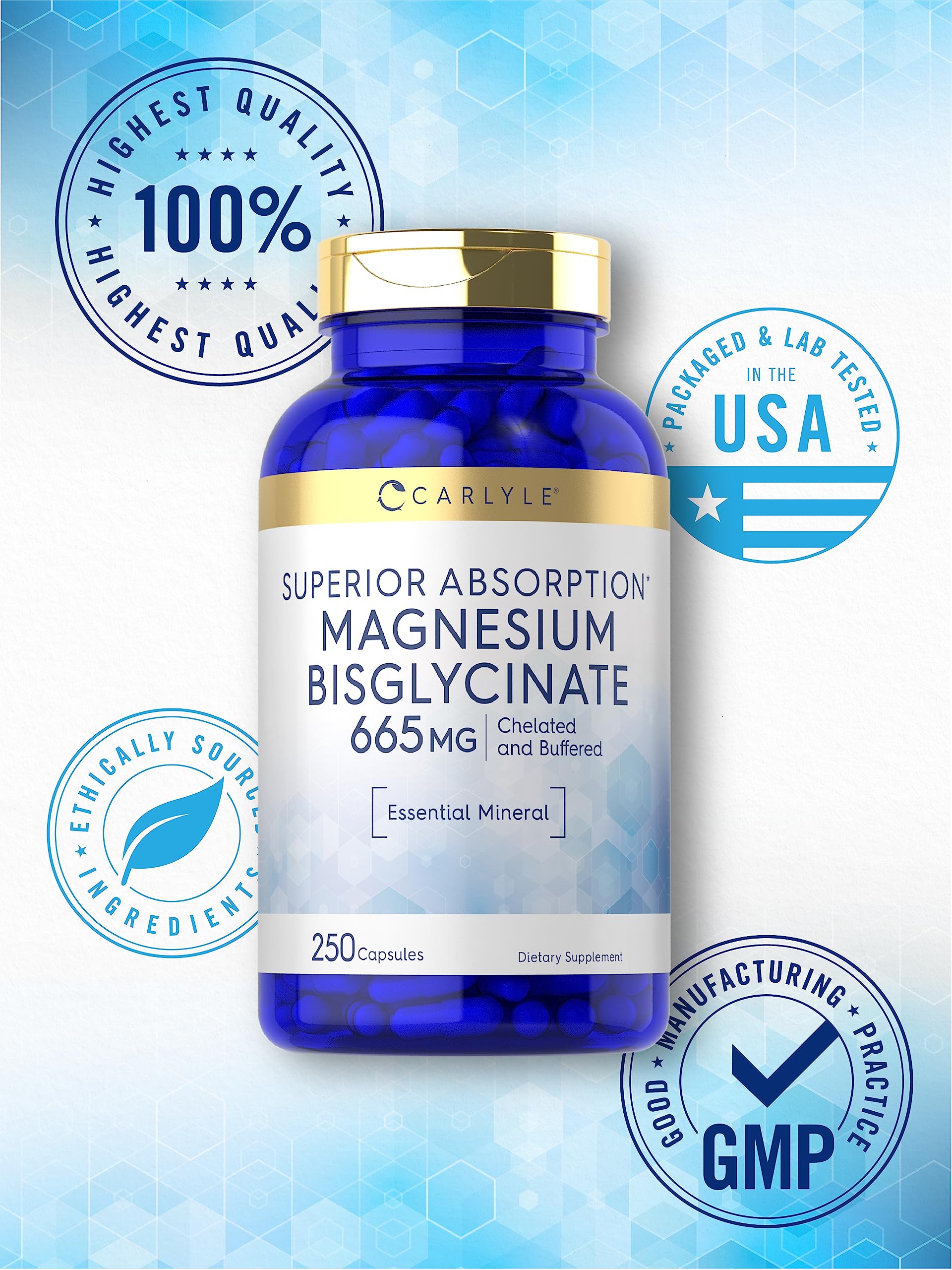 Carlyle Magnesium Bisglycinate bottle highlights gluten-free and non-GMO assurances.