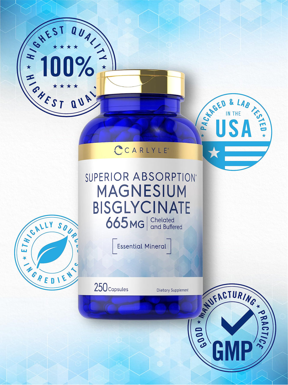 Carlyle Magnesium Bisglycinate bottle highlights gluten-free and non-GMO assurances.