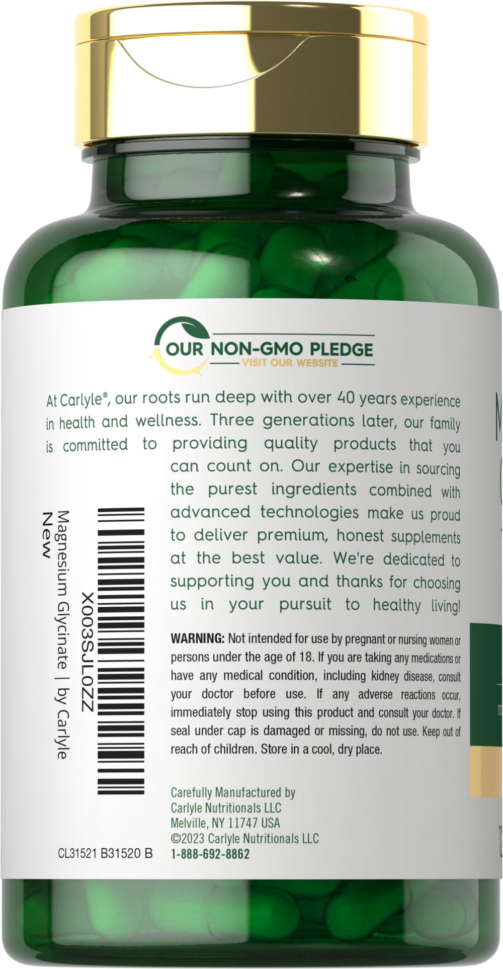 Carlyle Magnesium Glycinate label closeup signals a high-quality, easily absorbed formula.