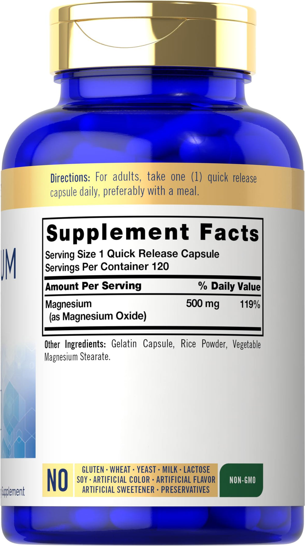 Carlyle Magnesium Oxide 500 mg capsules close-up for quick daily support.