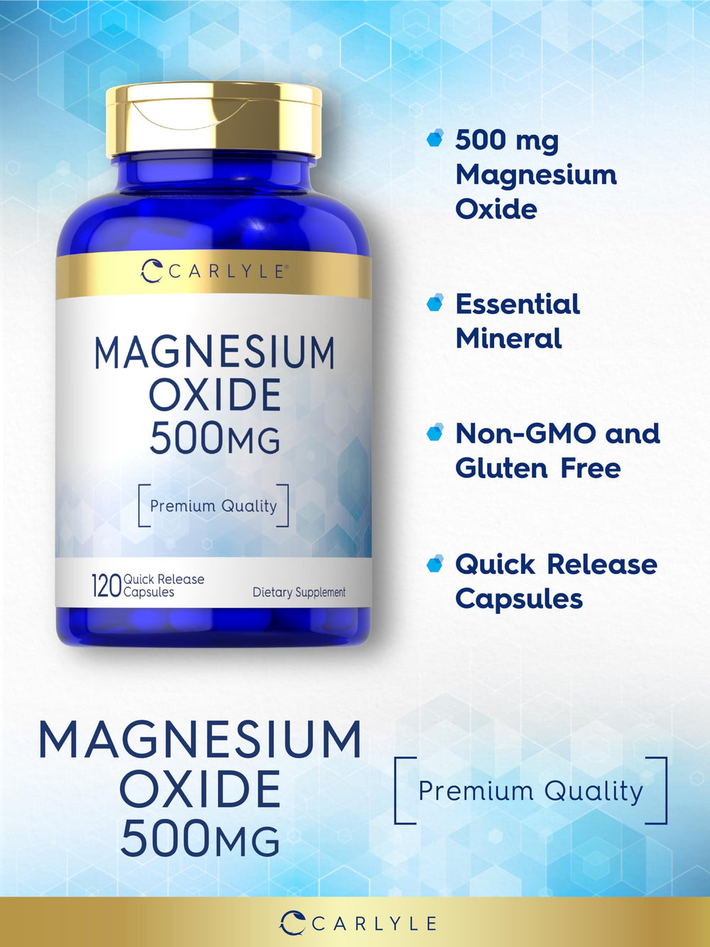 Carlyle Magnesium Oxide 500 mg gluten-free symbol on packaging signals allergen-free choice.
