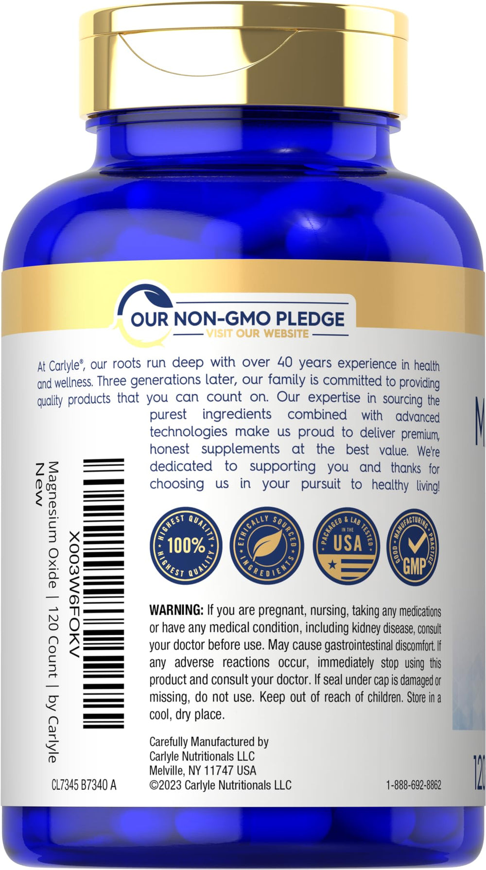 Carlyle Magnesium Oxide 500 mg label on bottle emphasizes quality and purity.