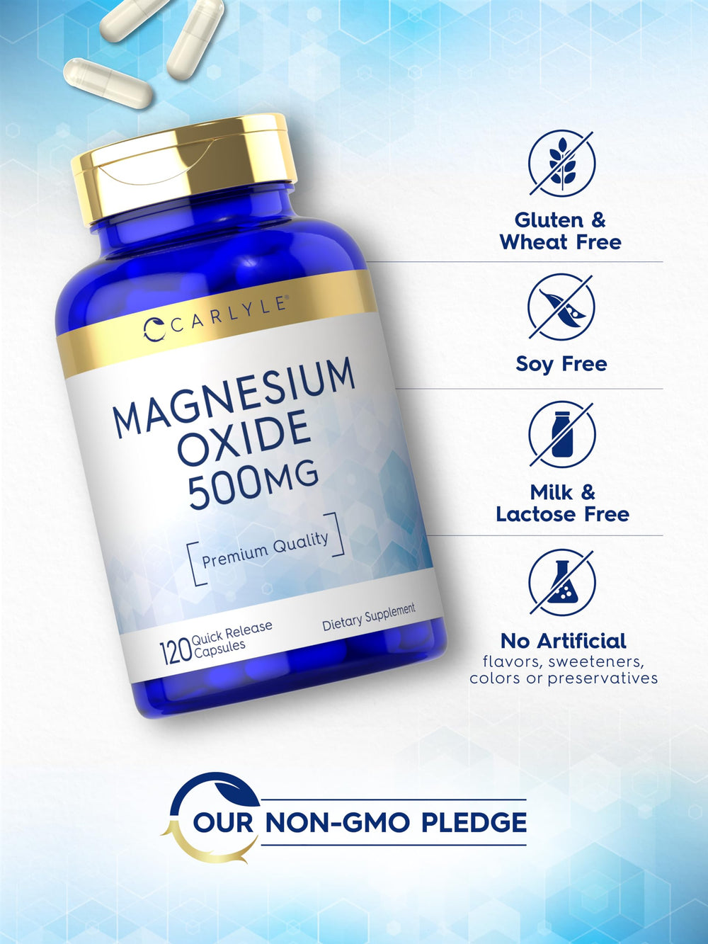 Carlyle Magnesium Oxide 500 mg Non-GMO badge communicates commitment to clean ingredients.