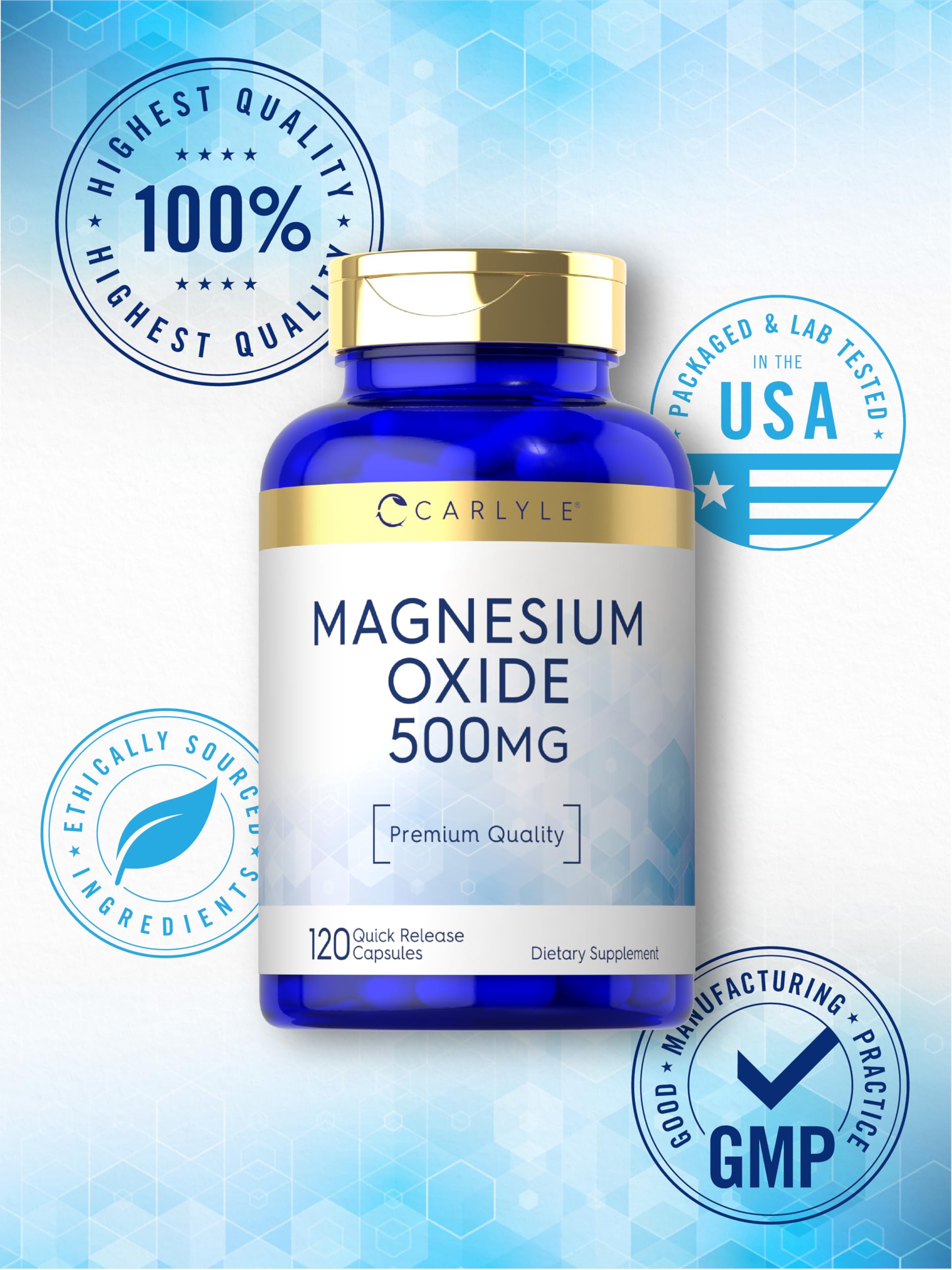 Carlyle Magnesium Oxide 500 mg packaging display showcases value and premium quality.