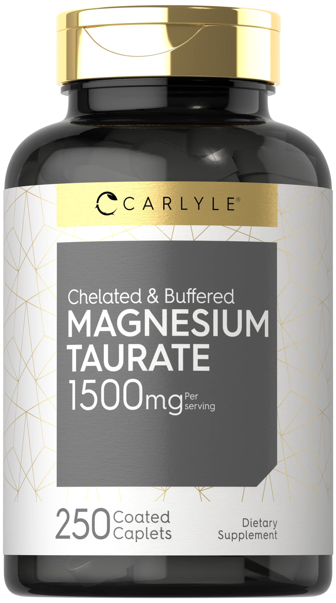 Carlyle Magnesium Taurate 1500mg bottle with coated caplets for daily wellness.