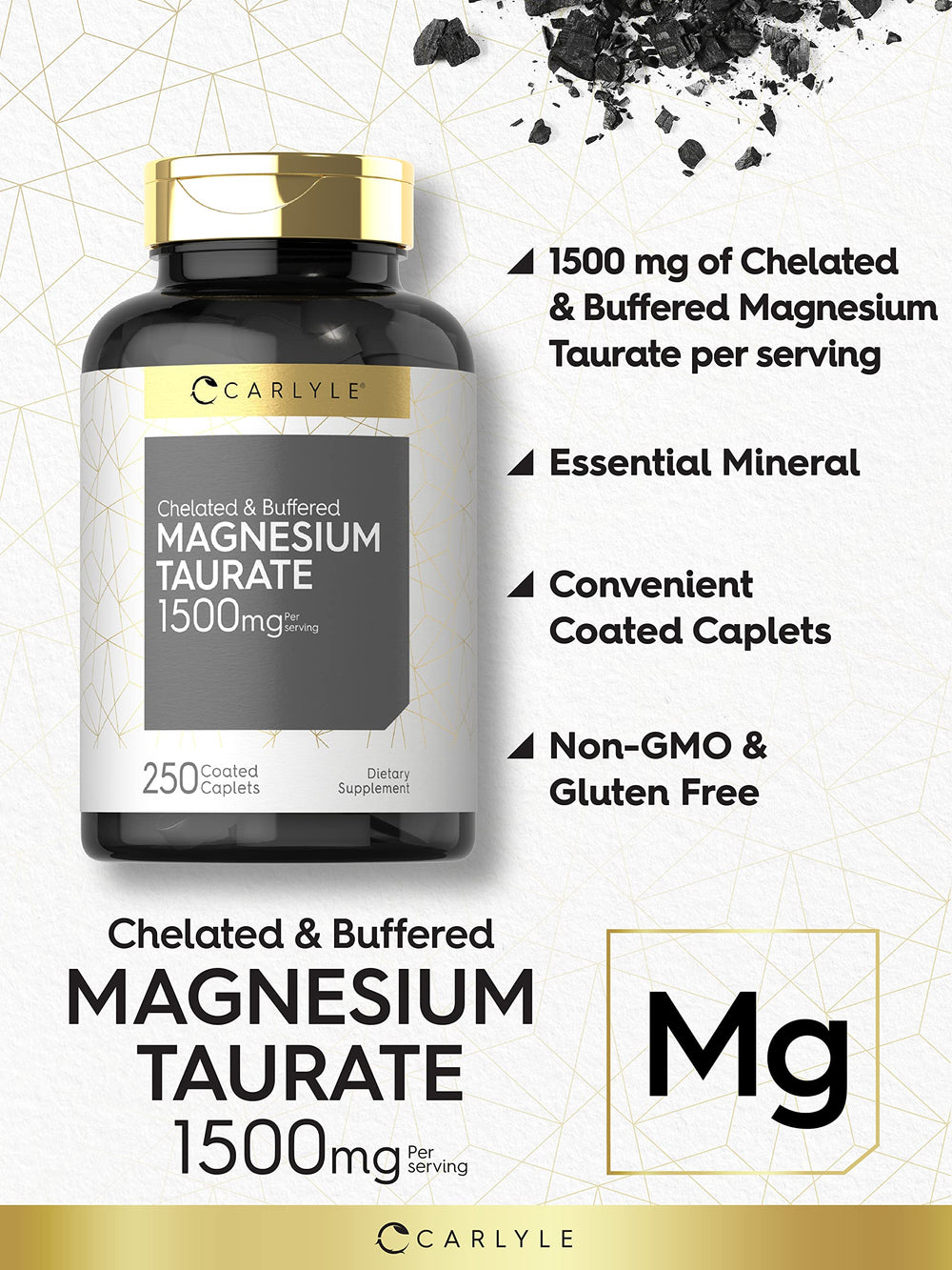 Carlyle Magnesium Taurate 1500mg bottle label highlights caplet count and buffering.