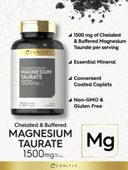 Carlyle Magnesium Taurate 1500mg bottle label highlights caplet count and buffering.