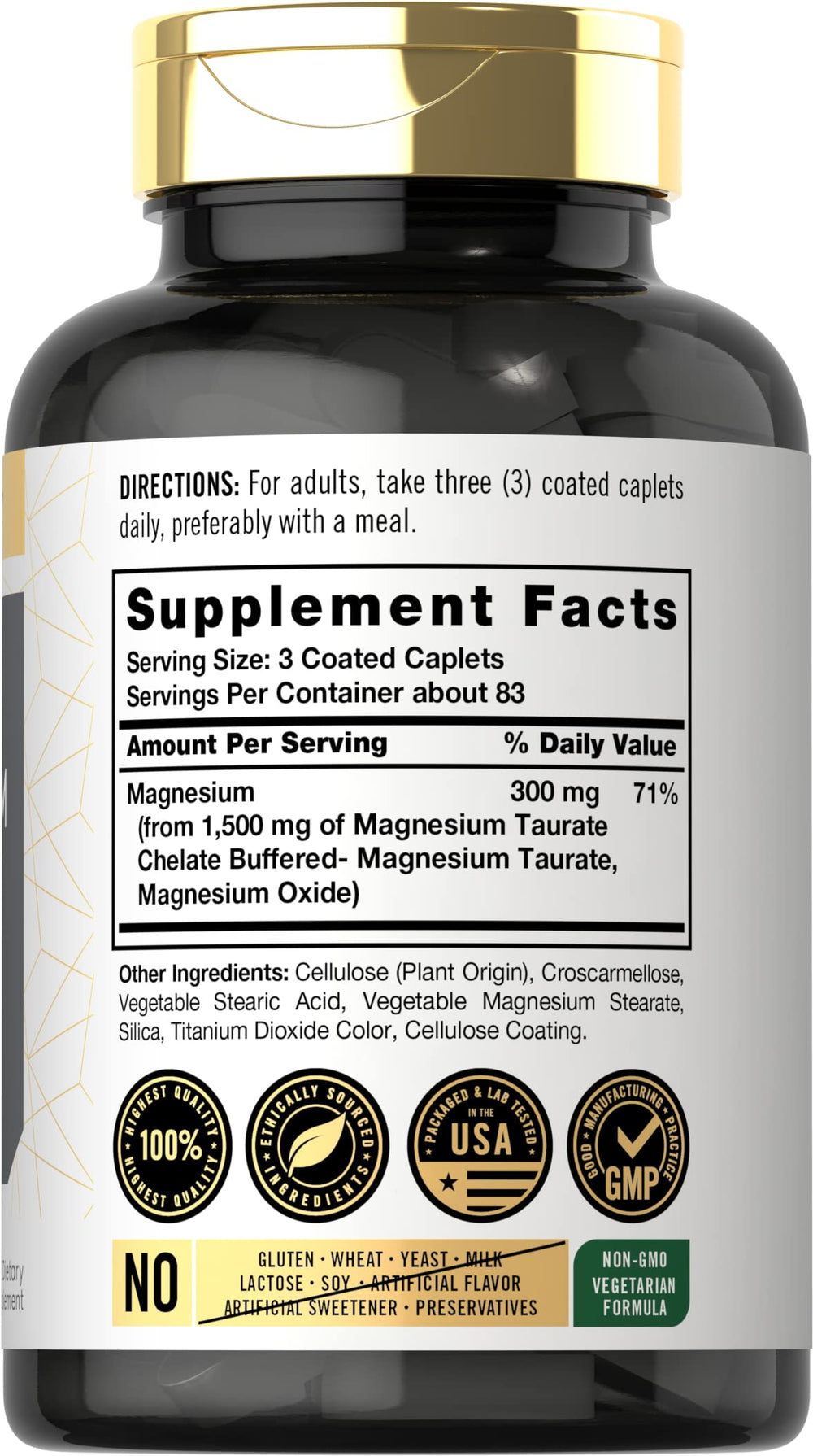 Carlyle Magnesium Taurate caplets close-up showing buffered coating for easy swallowing.