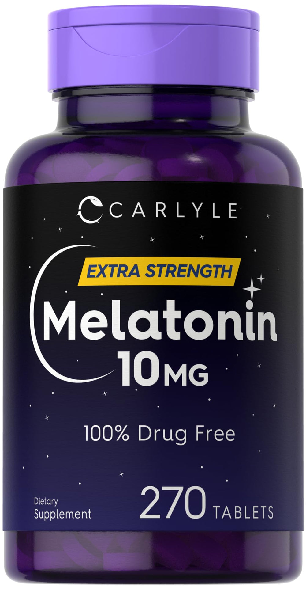 Carlyle Melatonin 10mg bottle on nightstand ready for nightly routine