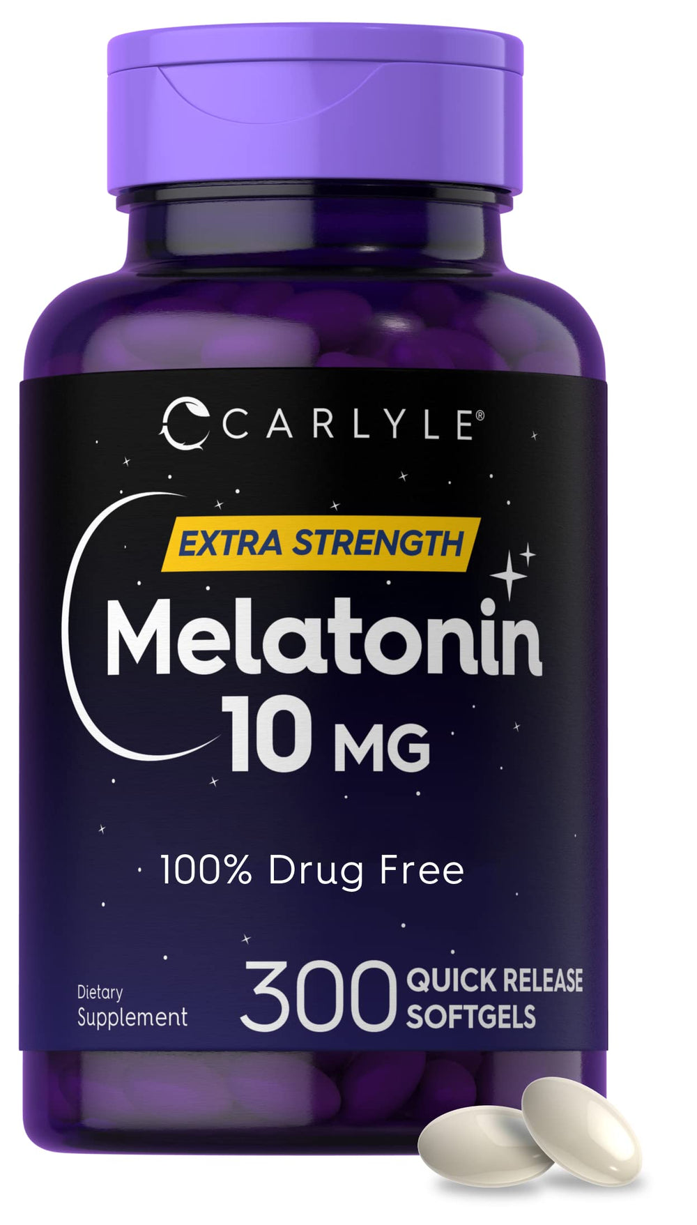 Carlyle Melatonin 10mg softgel bottle supports a calm night routine with easy dosing.