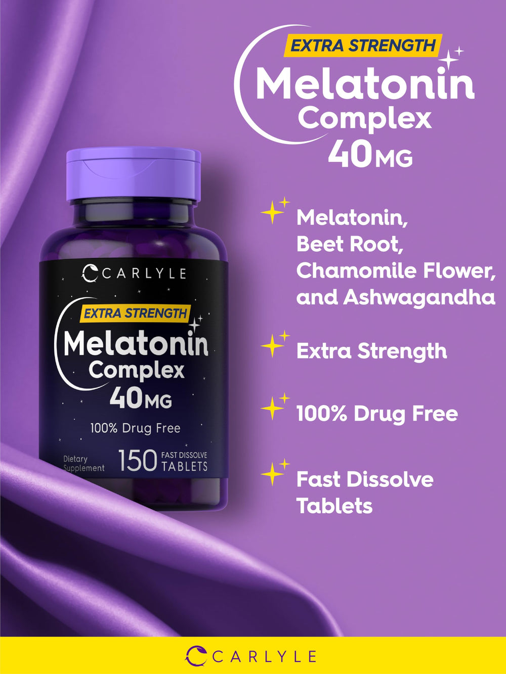 Fast-dissolve Carlyle Melatonin 40mg Complex tablets for easy nightly intake