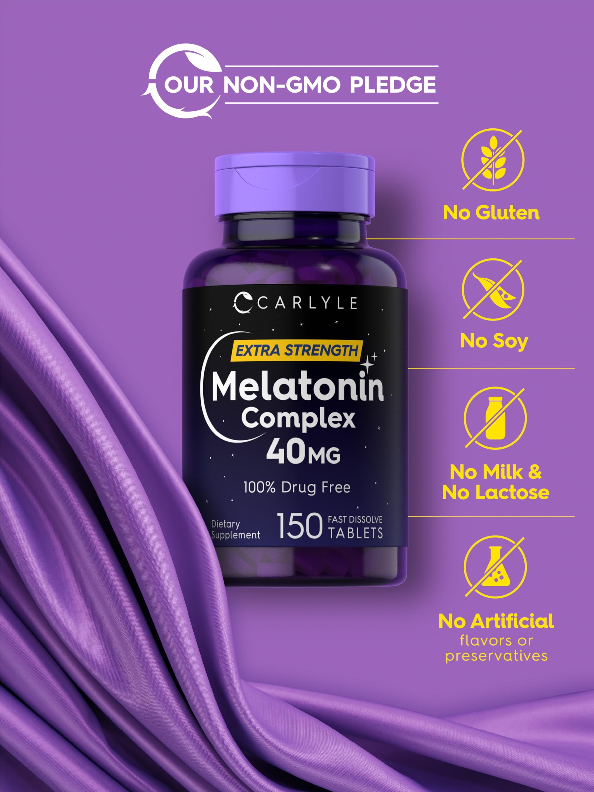 Gluten-free label on Carlyle Melatonin 40mg Complex indicating dietary compatibility