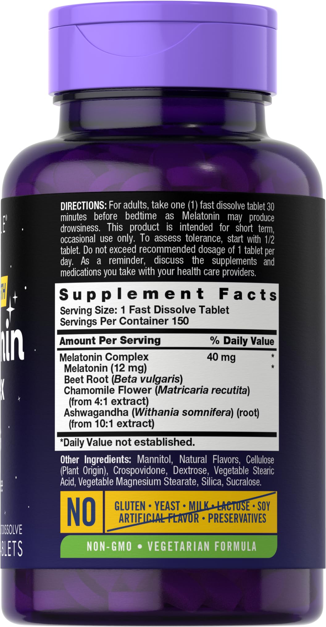 Closeup of Carlyle Melatonin 40mg Complex tablets highlighting fast-dissolve form
