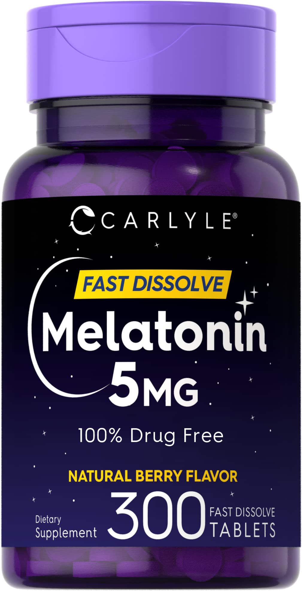 Carlyle Melatonin berry flavor tablets in bottle for a convenient nightly routine