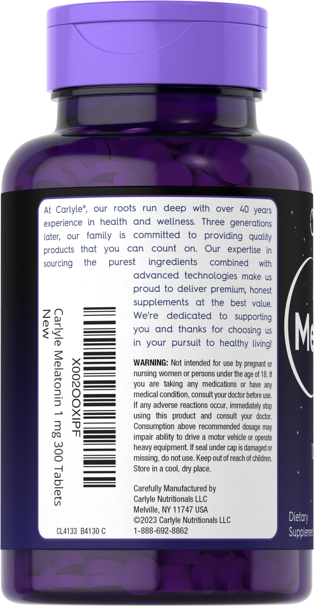 Carlyle Melatonin bottle back label with ingredients and directions