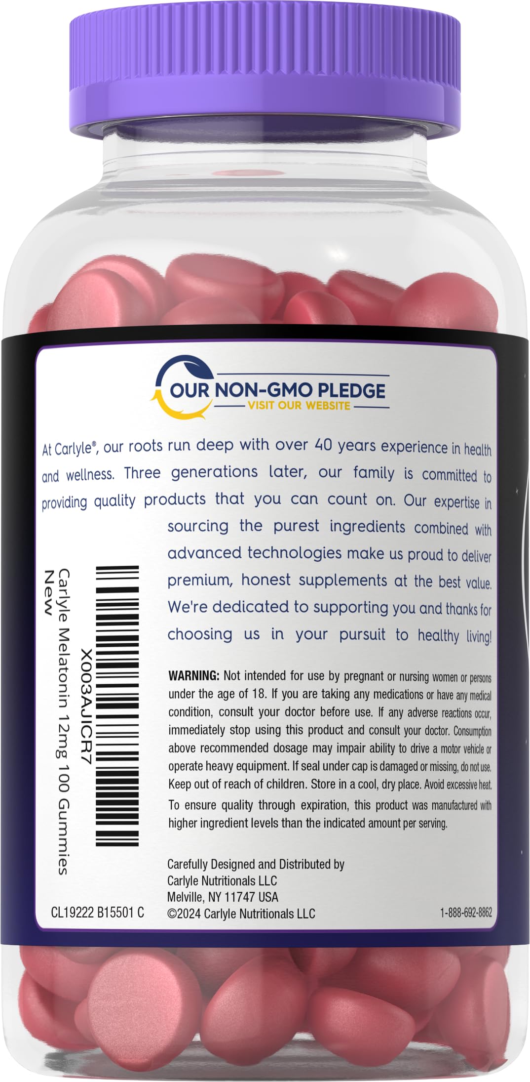 Carlyle Melatonin Gummies label shows 12 mg per serving for easy dosing
