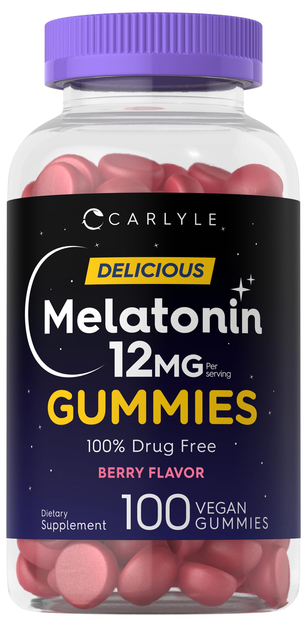 Carlyle Melatonin Gummies Berry bottle showcases 12 mg dose and vegan, non-GMO formula