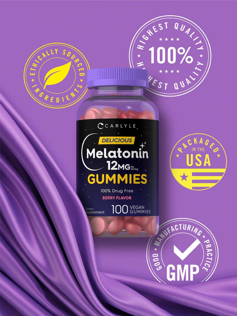 Gummies on nightstand suggest convenient nightly routine with Carlyle product