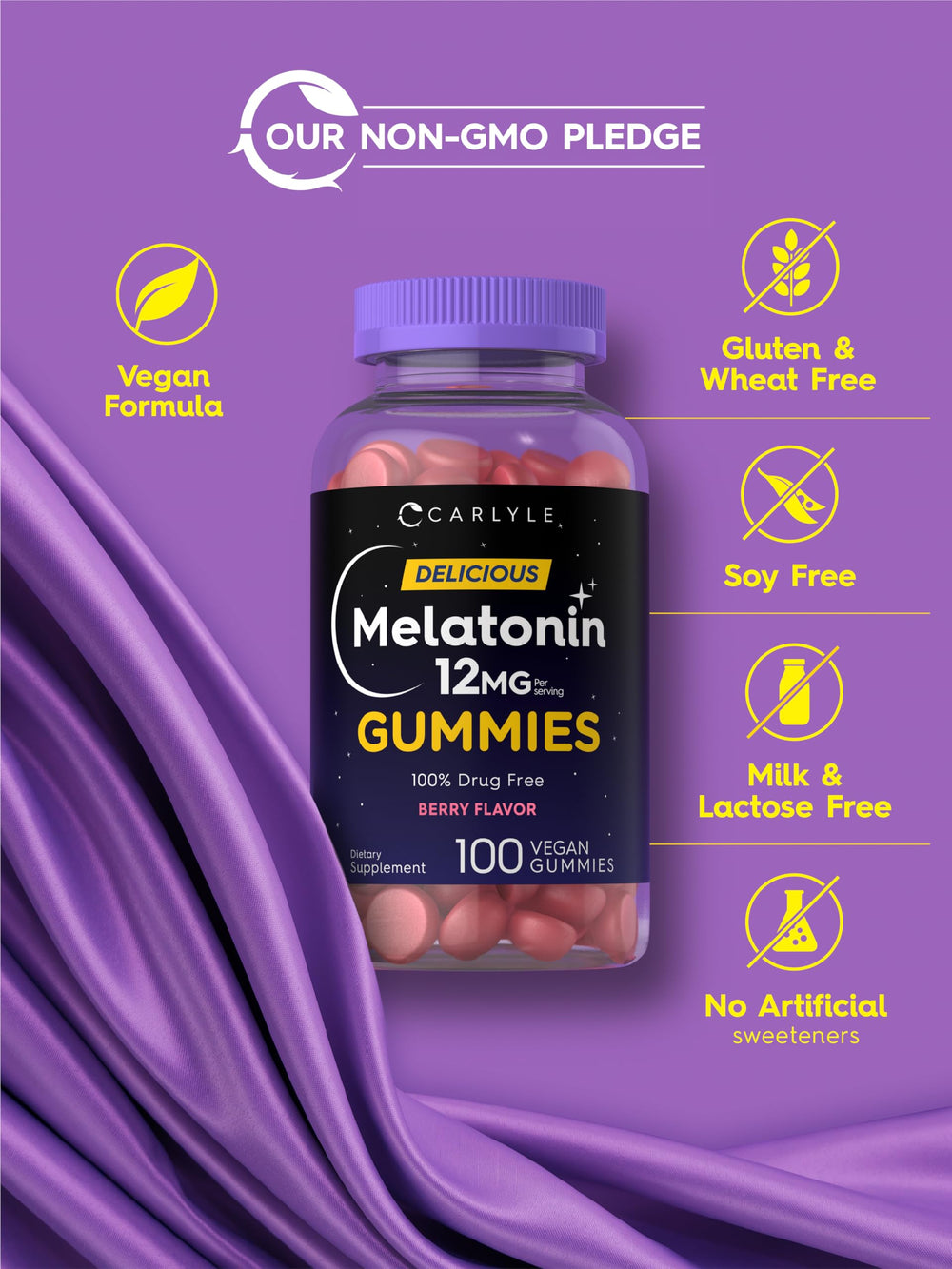 Packaging of Carlyle Melatonin Gummies on shelf communicates vegan, non-GMO quality