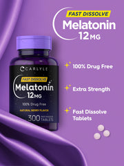 Carlyle Melatonin tablet closeup showing quick-dissolve texture and berry aroma