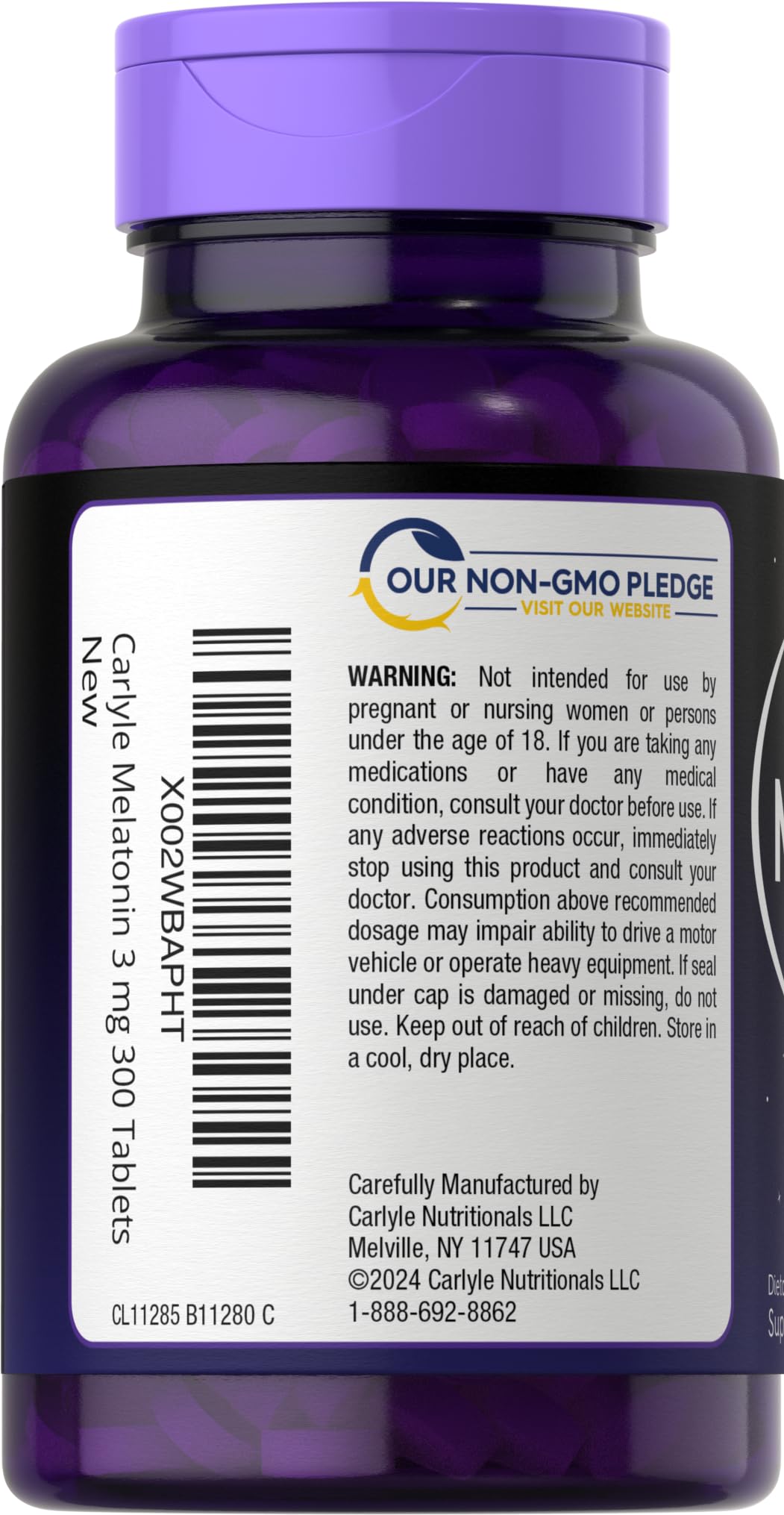 Close-up of Carlyle Melatonin packaging highlighting vegetarian formula